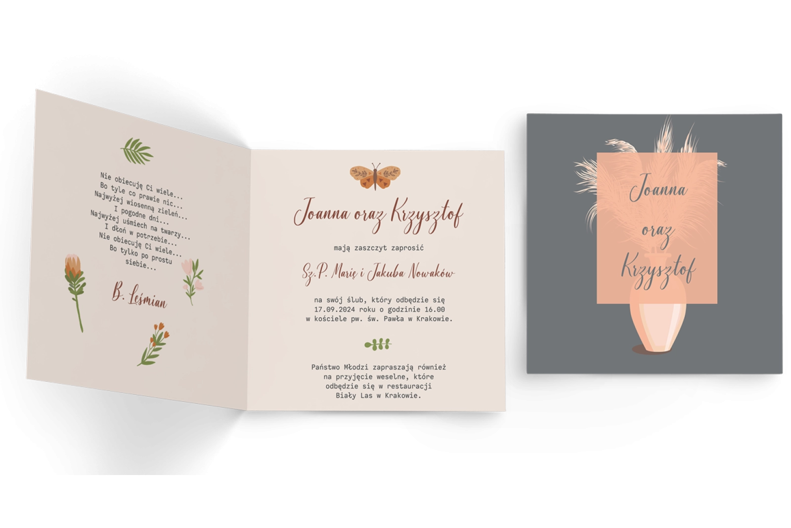 Zaproszenia ślubne Butterflies - Składane Kwadrat Motyw 4