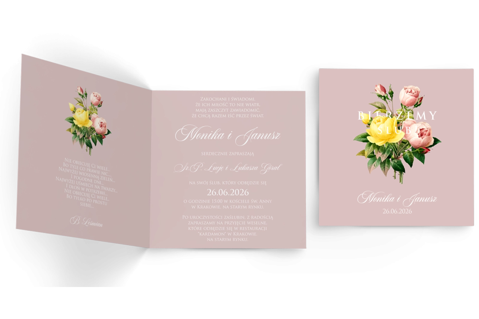 Zaproszenia ślubne Bella - Składane Kwadrat Motyw 2