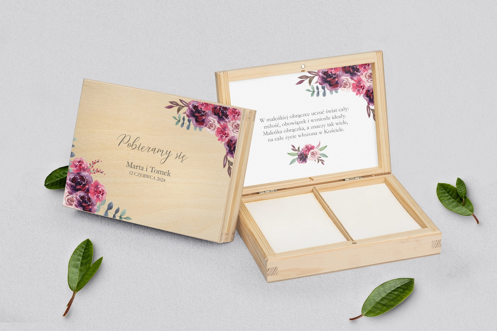 Pudełko na obrączki prostokątne naturalne - PasteLove Motyw 1