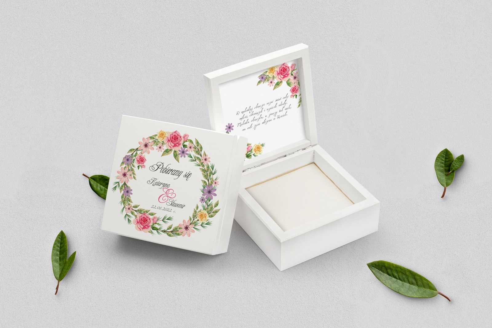 Pudełko na obrączki białe - Akwarelowe Wianki Motyw 5