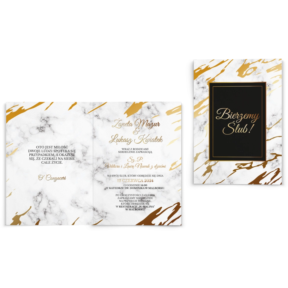 Zaproszenia ślubne Marmur & Złoto - Składane Motyw 3