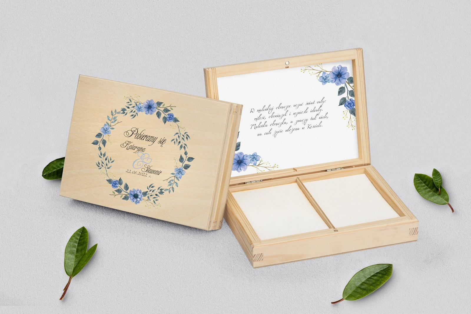 Pudełko na obrączki prostokątne naturalne - Akwarelowe Wianki Motyw 1