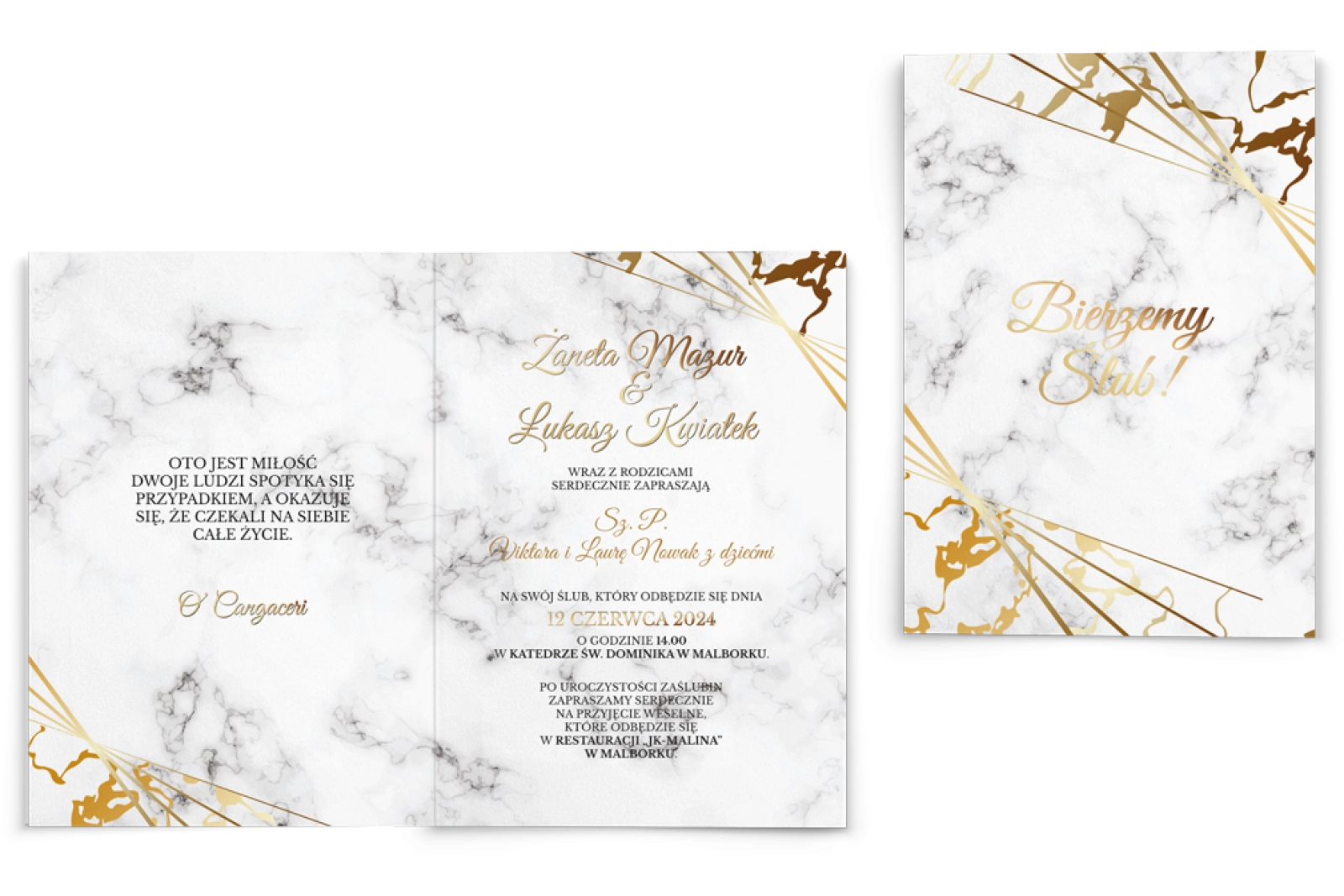 Zaproszenia ślubne Marmur & Złoto - Składane Motyw 4