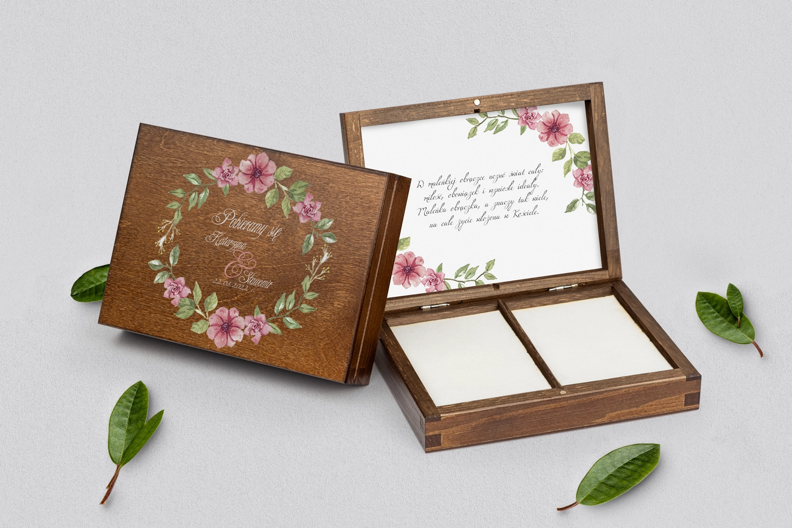Pudełko na obrączki prostokątne brązowe - Akwarelowe Wianki Motyw 6