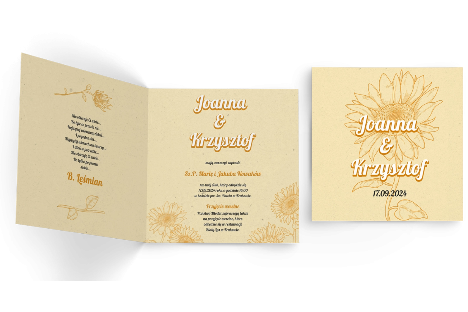 Zaproszenia ślubne Sunflowers - Składane Kwadrat Motyw 1