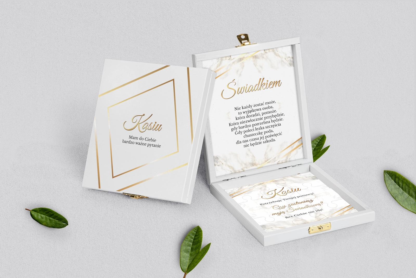 Prośba o świadkowanie - białe puzzle Marmur & Złoto Motyw 1