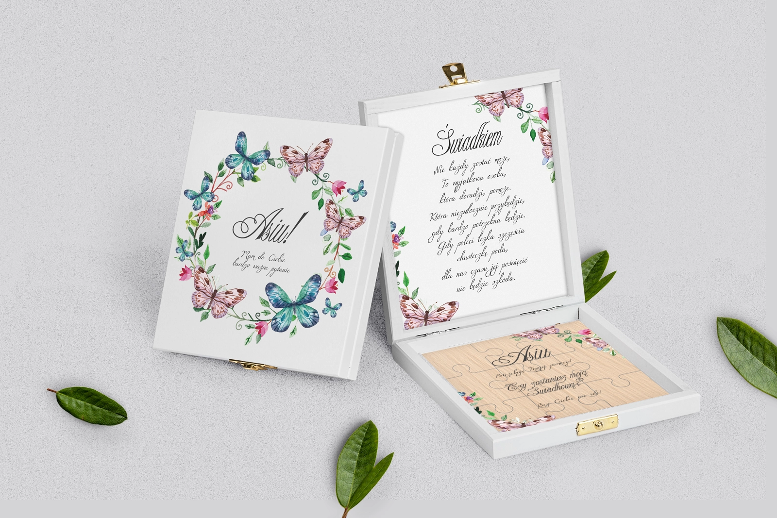 Prośba o świadkowanie - białe puzzle Akwarelowe Wianki Motyw 3