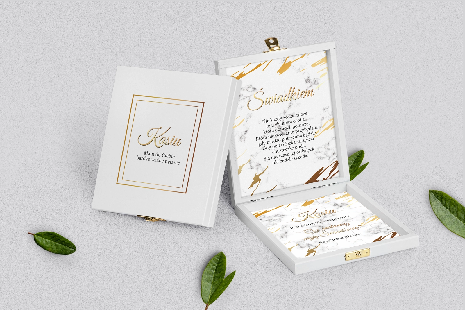 Prośba o świadkowanie - białe puzzle Marmur & Złoto Motyw 3