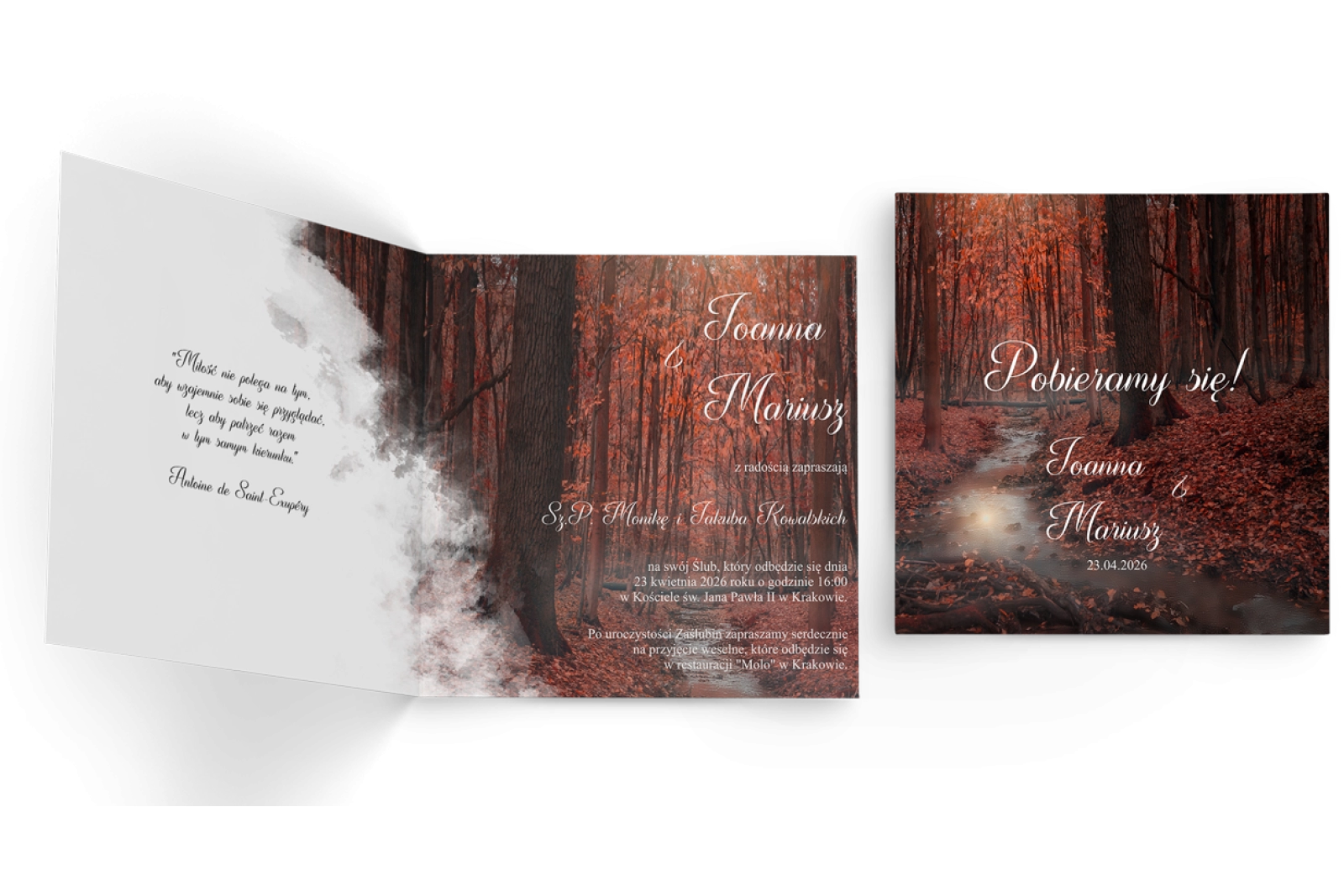 Zaproszenia ślubne Las - Składane Kwadrat Motyw 2