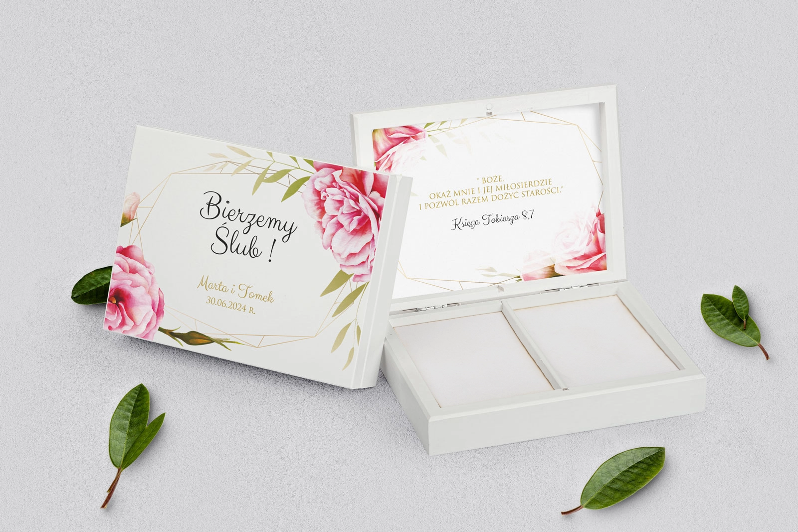 Pudełko na obrączki prostokątne białe - Flowers & Frame Motyw 5