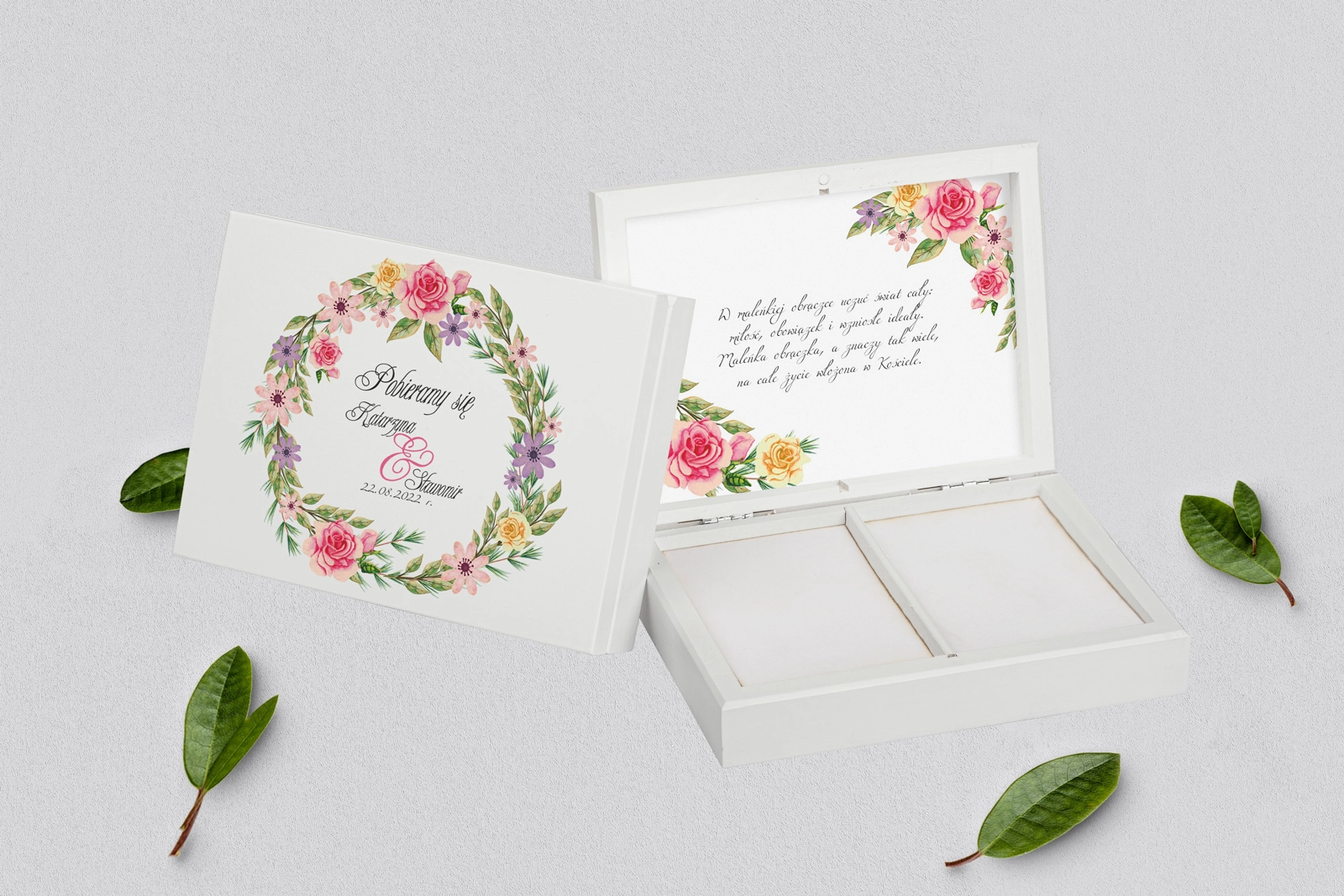 Pudełko na obrączki prostokątne białe - Akwarelowe Wianki Motyw 5