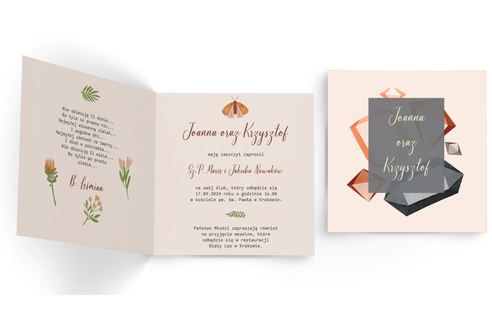 Zaproszenia ślubne Butterflies - Składane Kwadrat Motyw 3