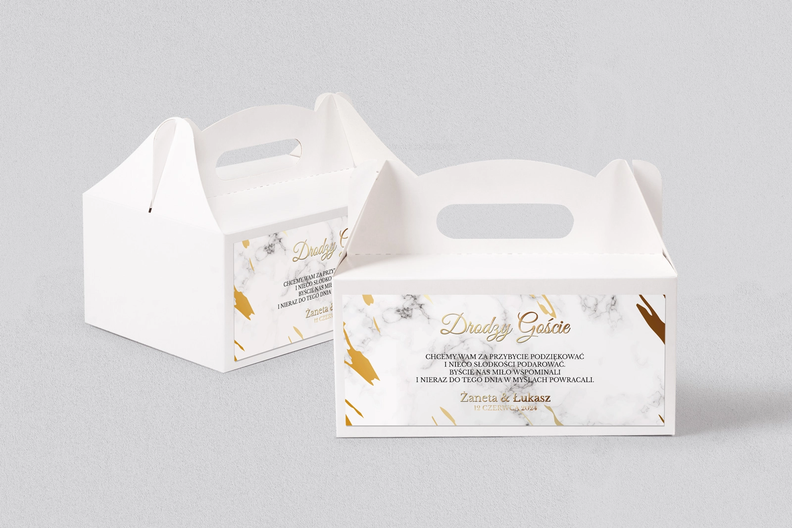 Pudełko na ciasto weselne Marmur & Złoto - Motyw 3