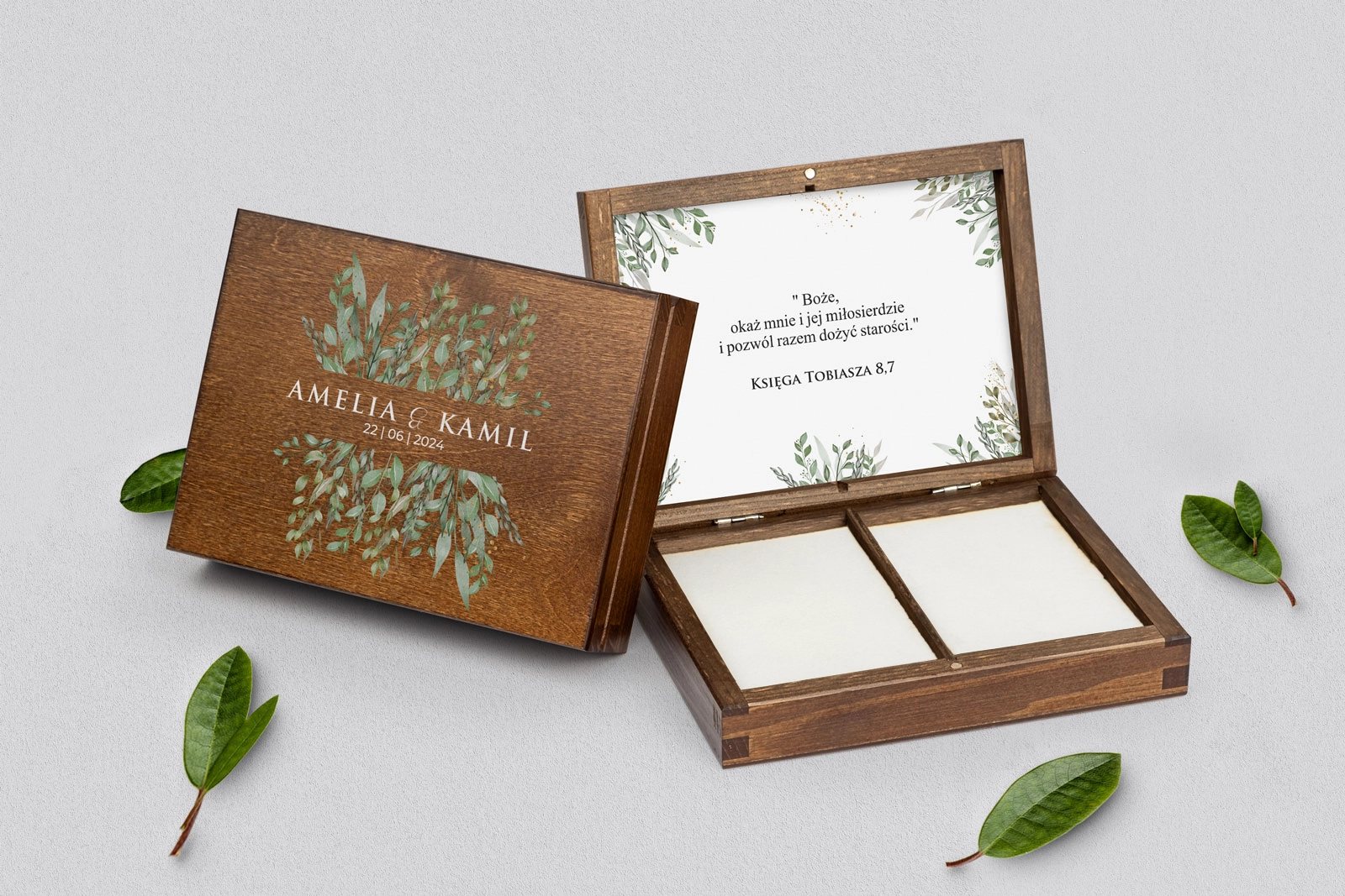 Pudełko na obrączki prostokątne brązowe - Leaves Motyw 3