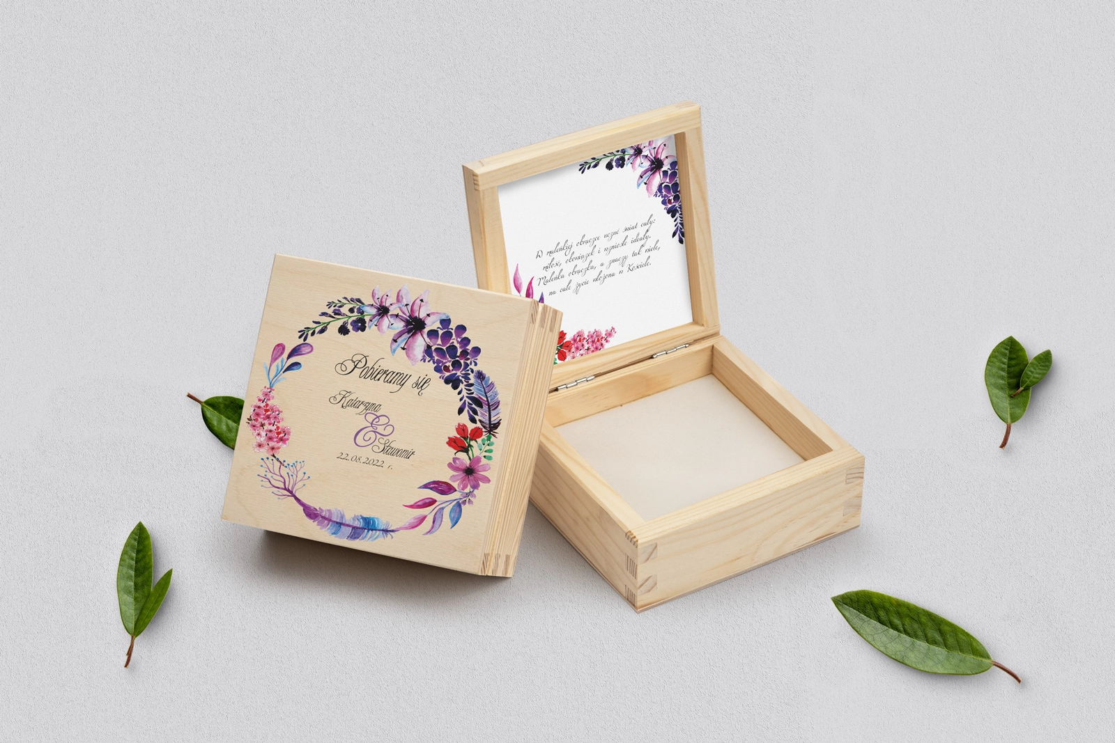 Pudełko na obrączki naturalne - Akwarelowe Wianki Motyw 7