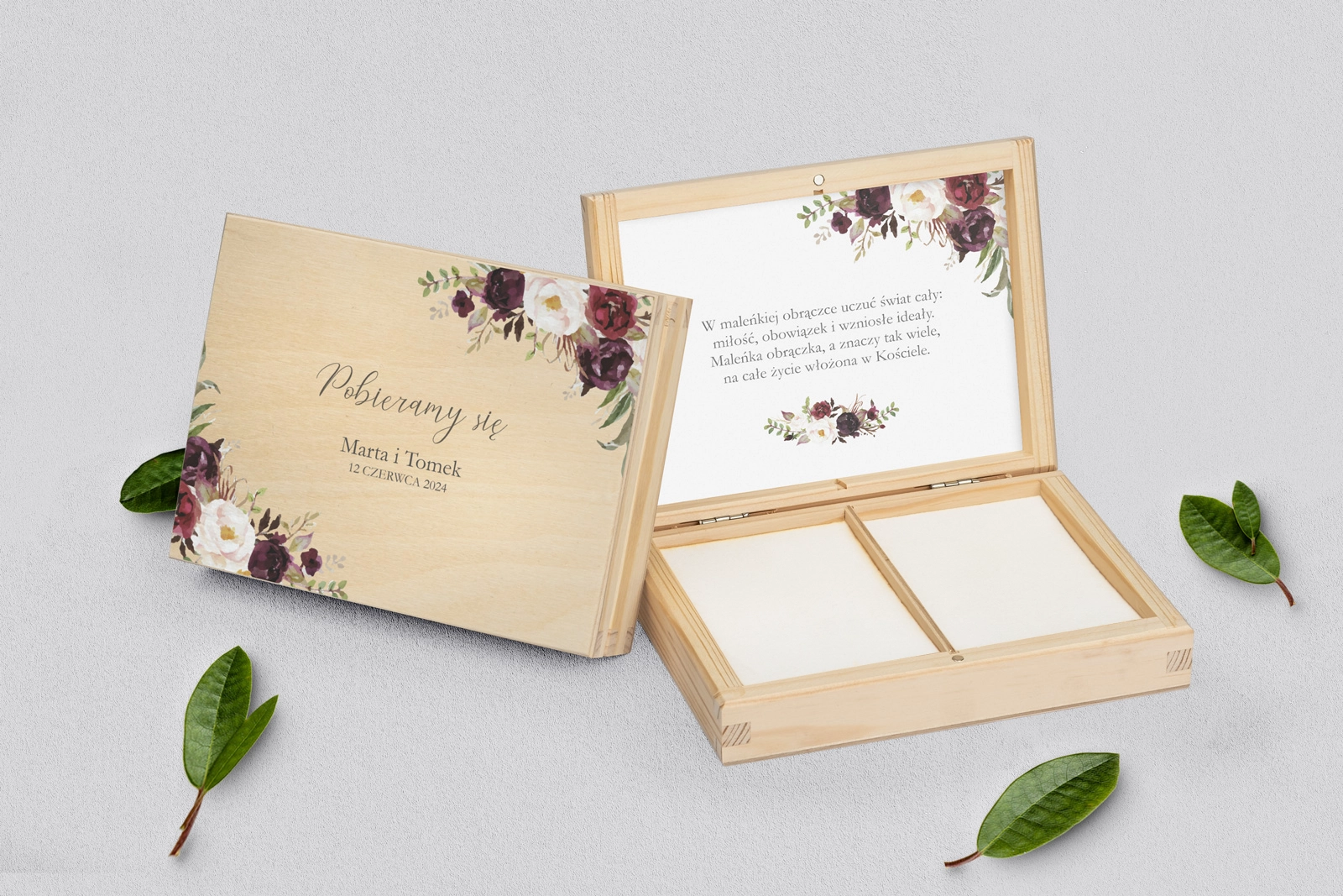 Pudełko na obrączki prostokątne naturalne - PasteLove Motyw 3