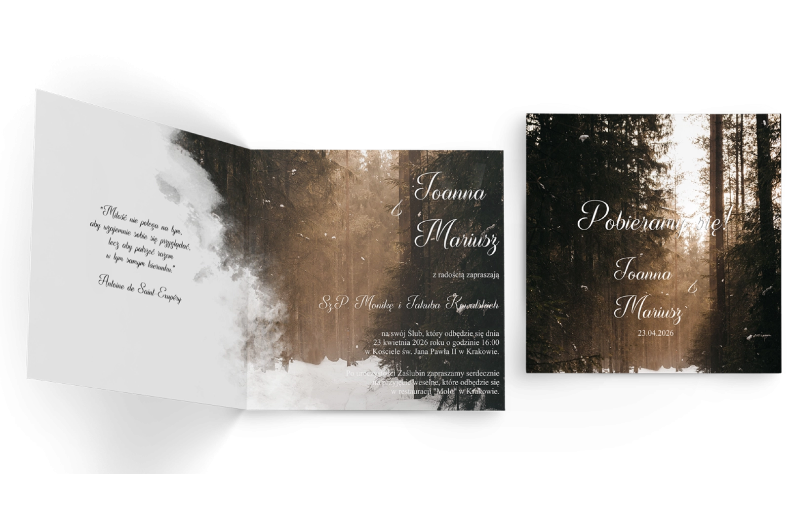 Zaproszenia ślubne Las - Składane Kwadrat Motyw 4