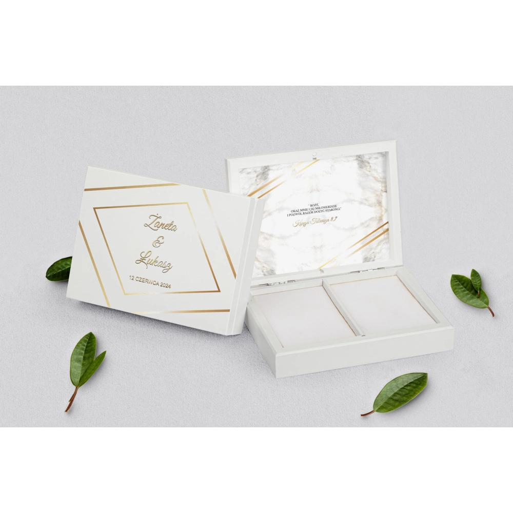 Pudełko na obrączki prostokątne białe - Marmur i Złoto Motyw 1