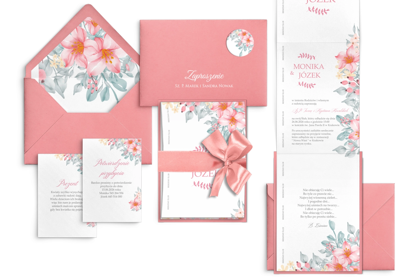 Różowe zaproszenia ślubne Harmonijka - Name Motyw 3