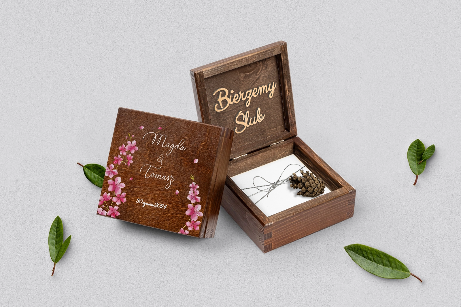 Pudełko na obrączki brązowe - Biały Czas - Motyw 3