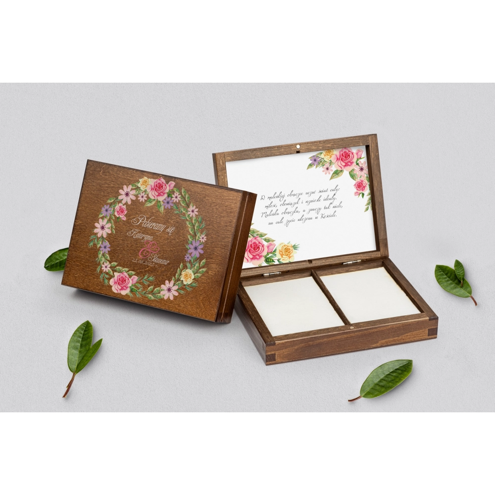 Pudełko na obrączki prostokątne brązowe - Akwarelowe Wianki Motyw 5