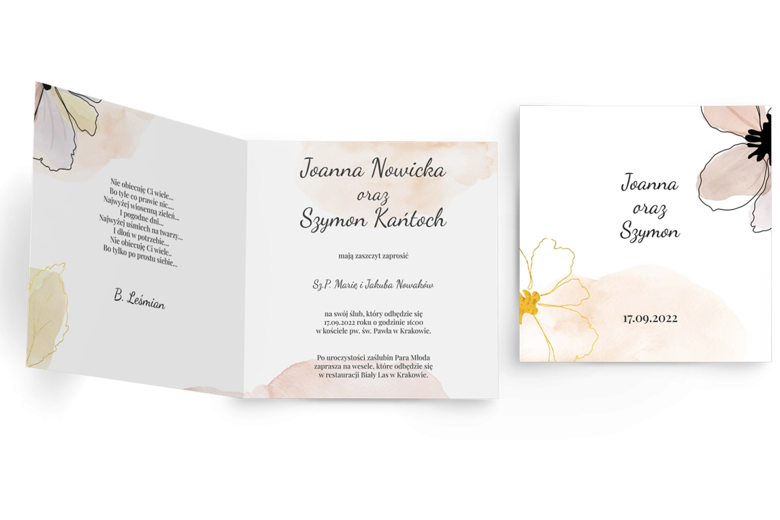 Zaproszenia ślubne Watercolor Wedding - Składane Kwadrat Motyw 1