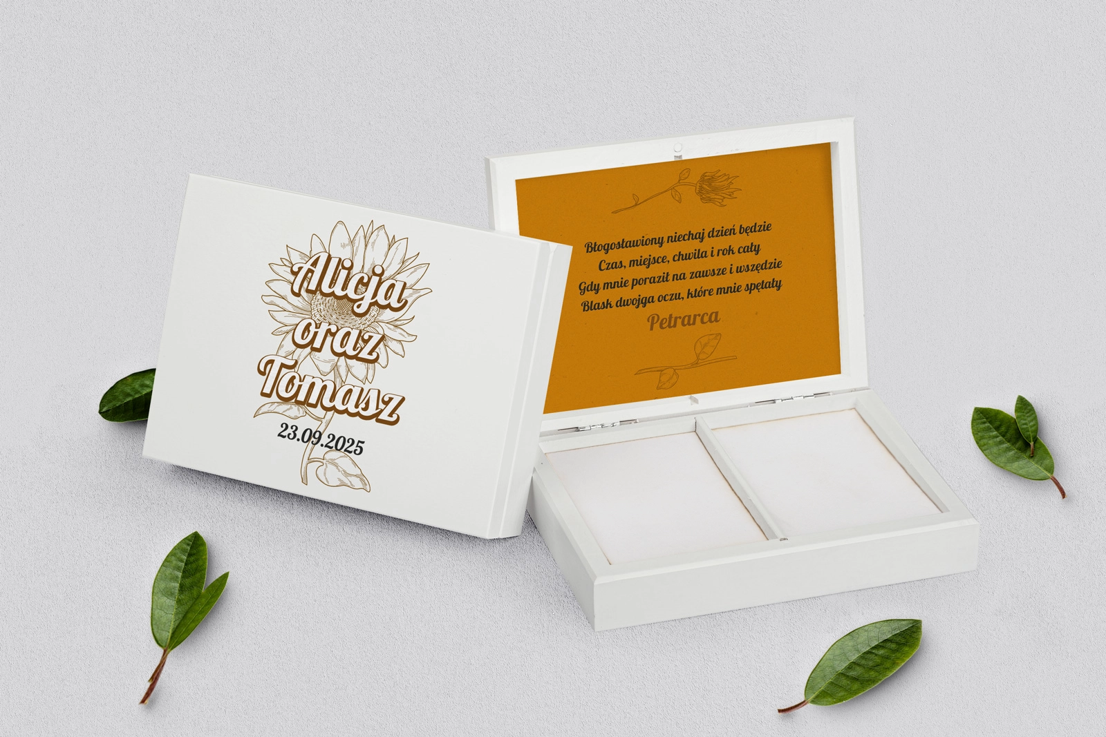 Pudełko na obrączki prostokątne białe - Sunflowers Motyw 3