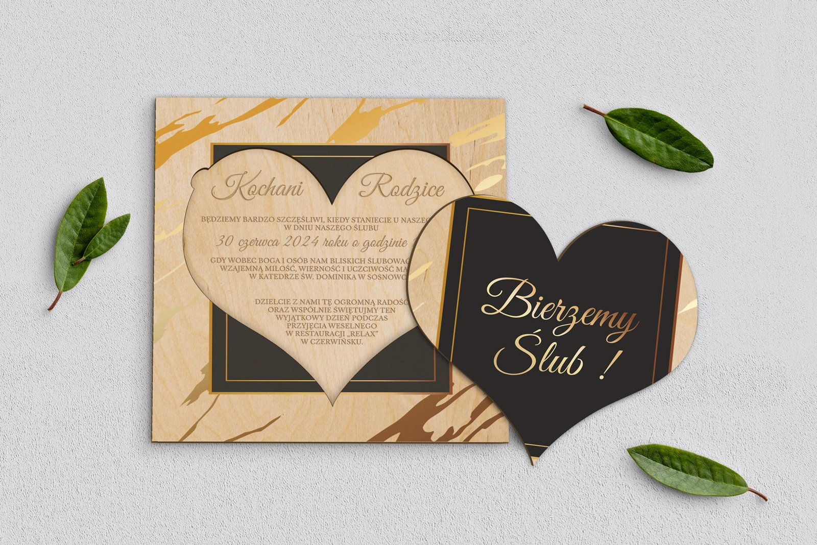 Drewniane Zaproszenie dla Rodziców - Marmur i Złoto Motyw 3