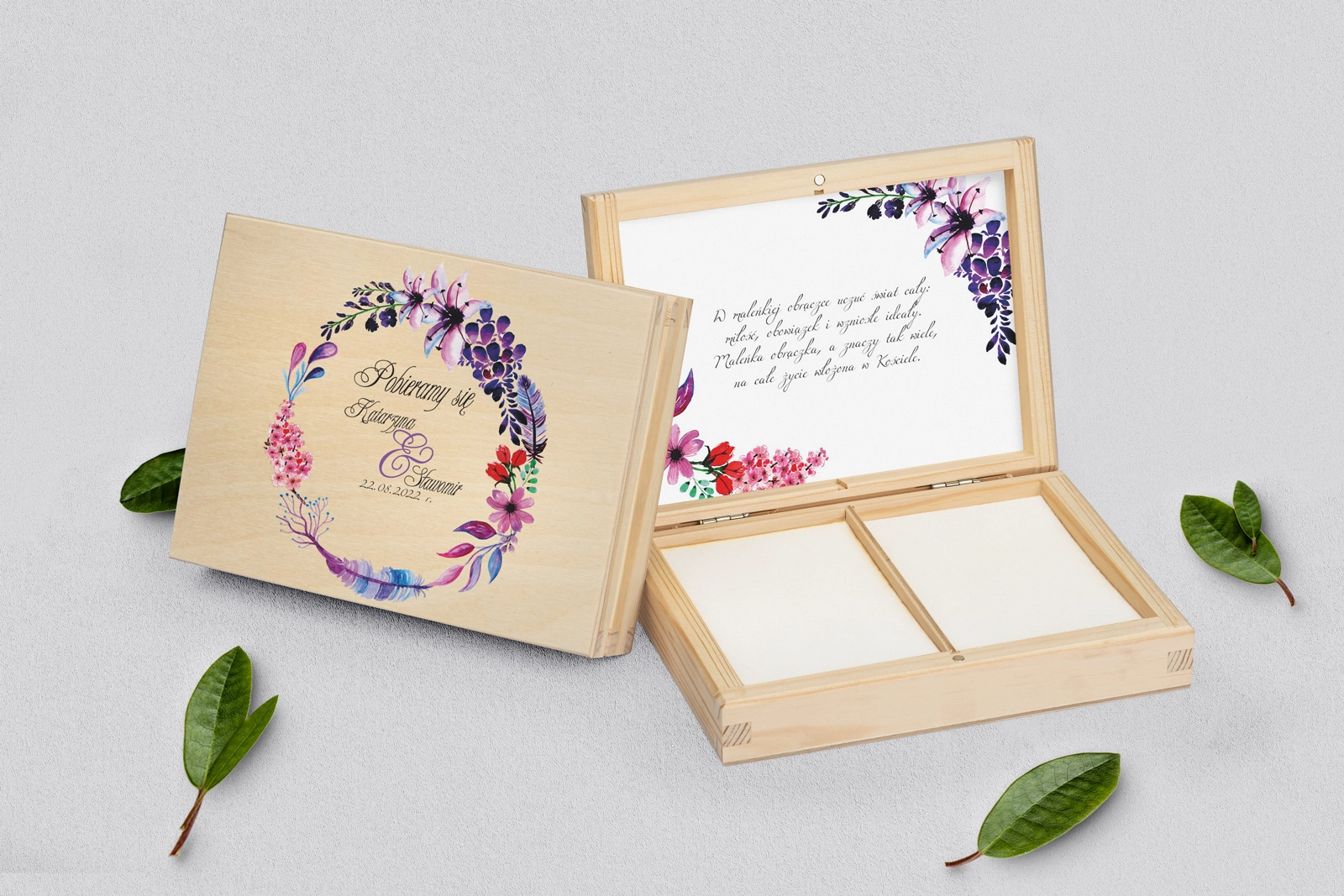 Pudełko na obrączki prostokątne naturalne - Akwarelowe Wianki Motyw 7