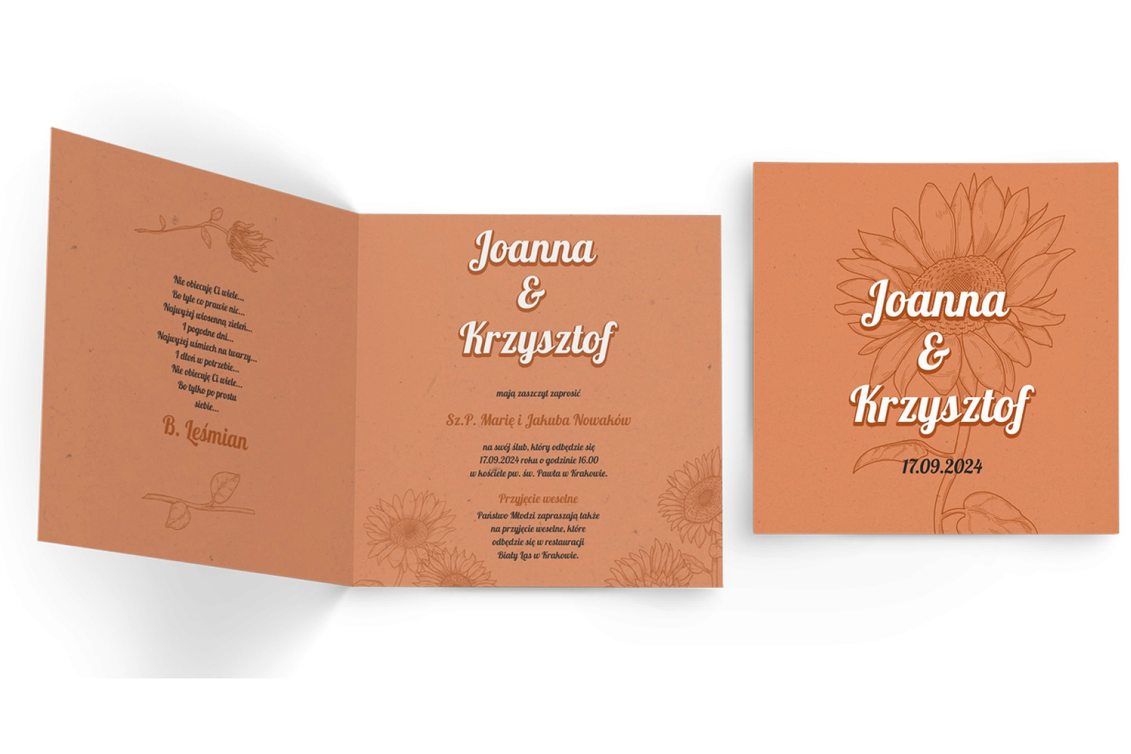 Zaproszenia ślubne Sunflowers - Składane Kwadrat Motyw 2