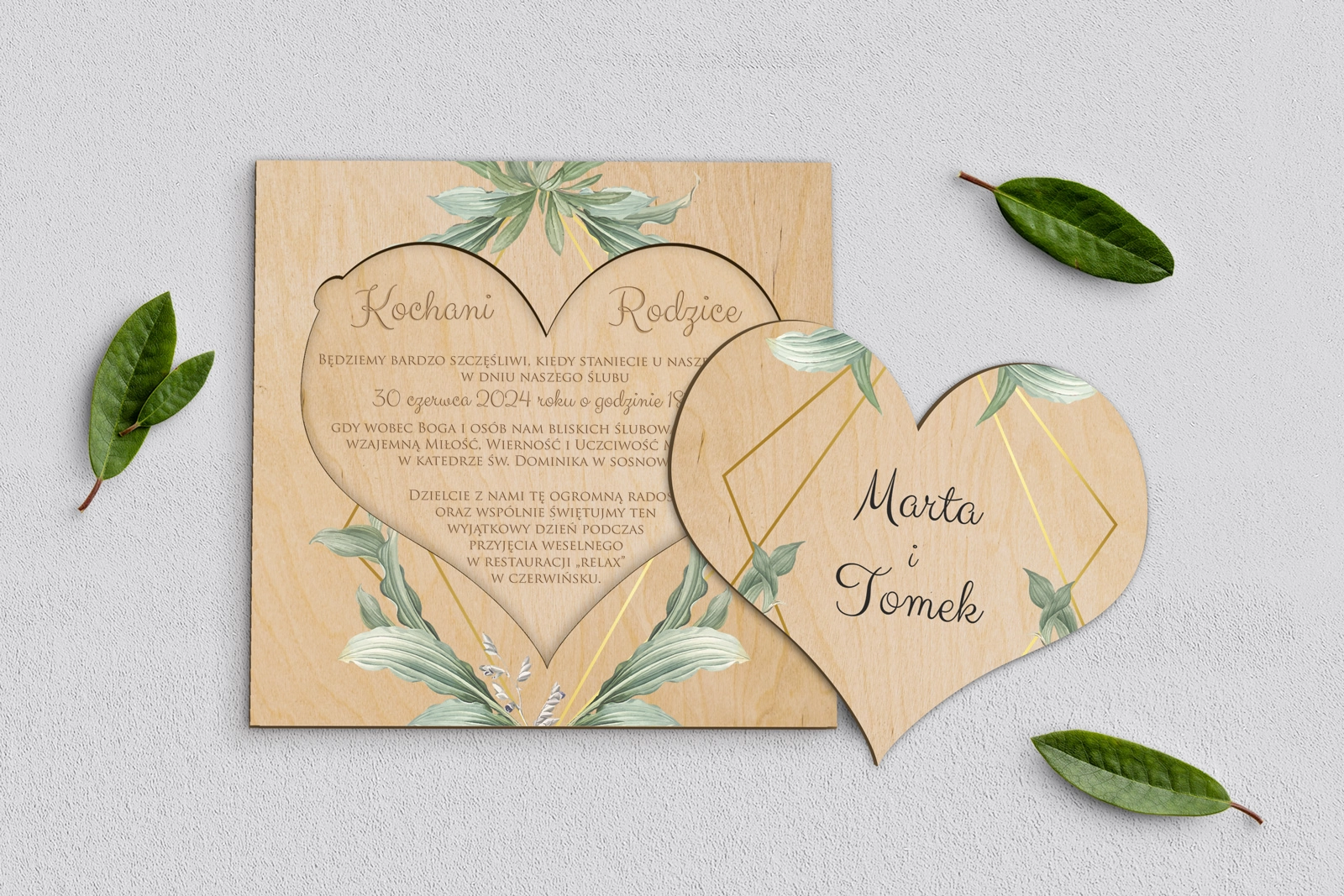 Drewniane Zaproszenie dla Rodziców - Liście Motyw 1