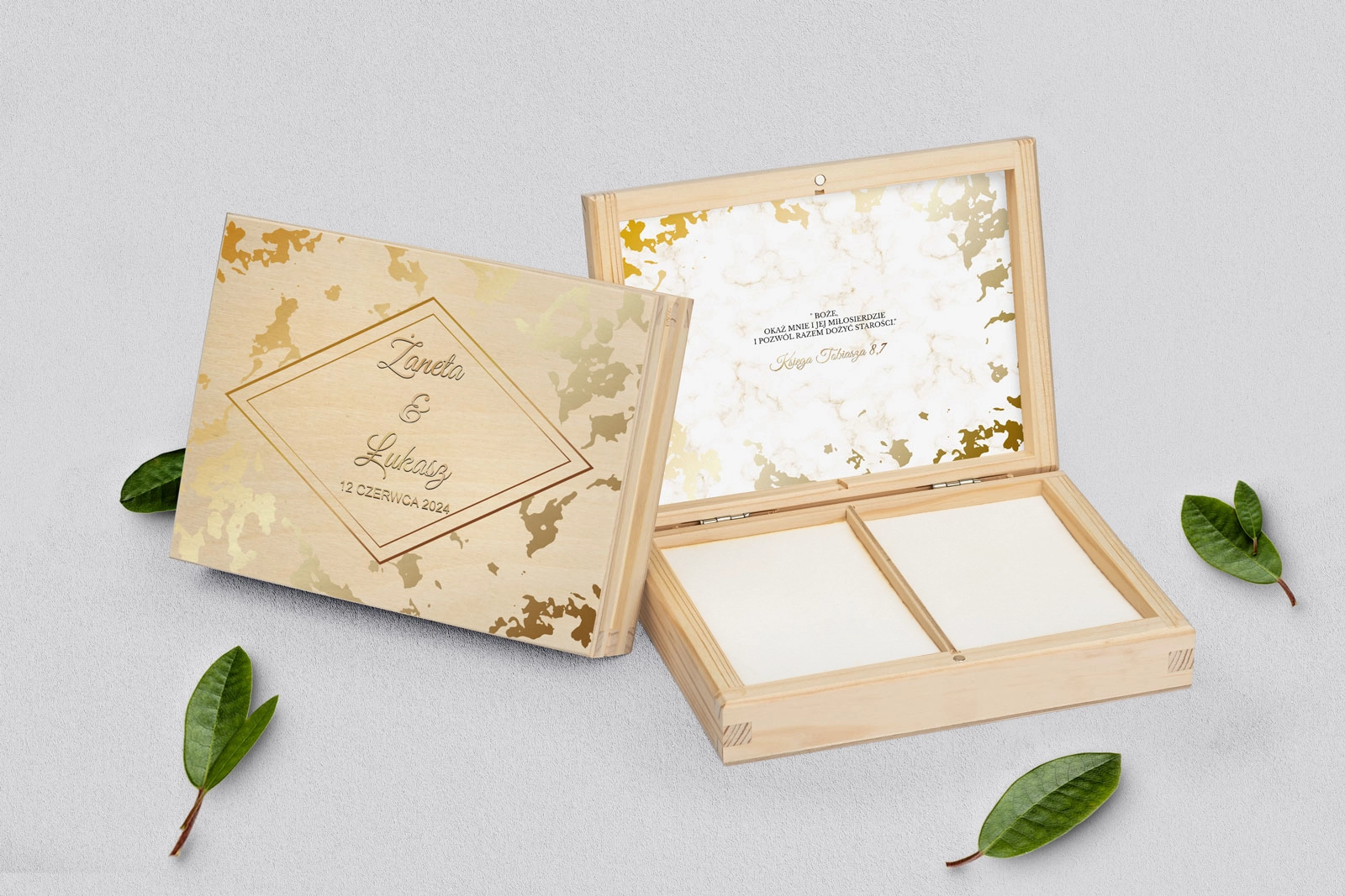Pudełko na obrączki prostokątne naturalne - Marmur i Złoto Motyw 5