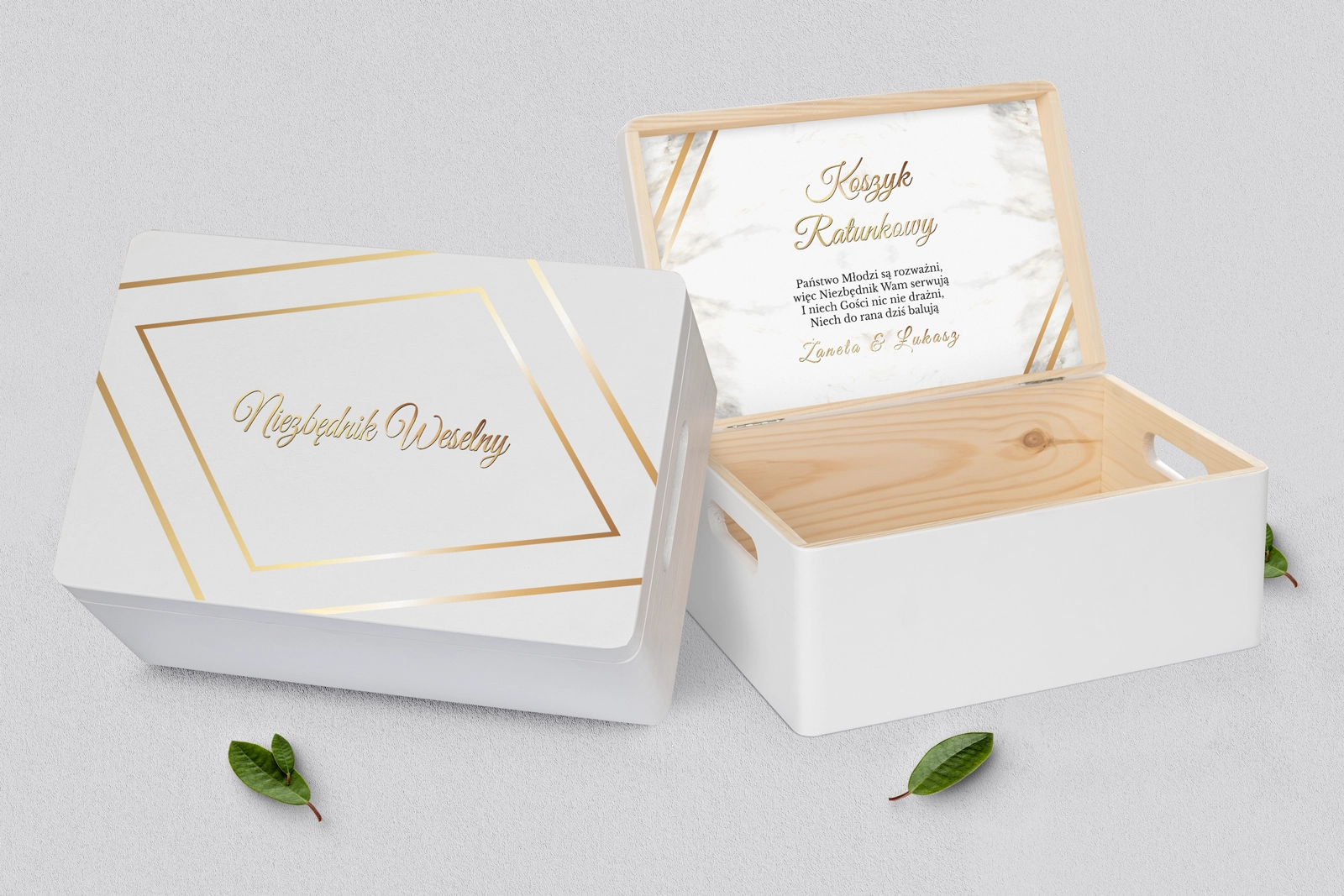 Koszyczek ratunkowy weselny biały - Marmur & Złoto Motyw 1