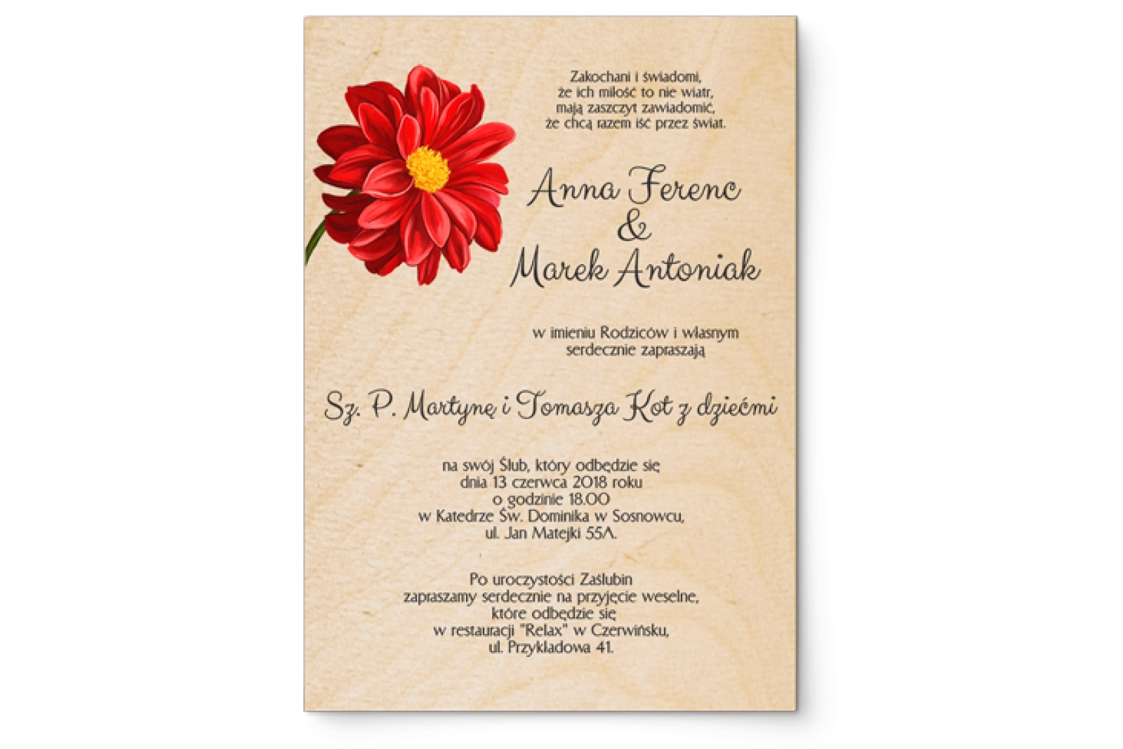 Zaproszenia ślubne Sweet Love- Drewniane Motyw 5