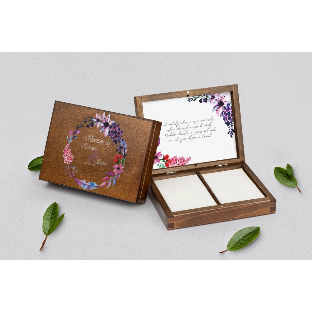 Pudełko na obrączki prostokątne brązowe - Akwarelowe Wianki Motyw 7