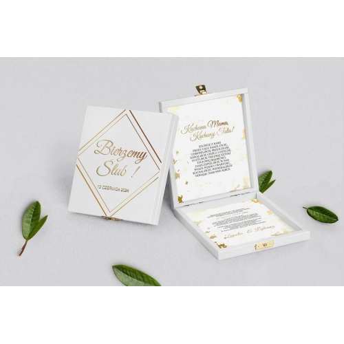 Zaproszenie dla Rodziców - białe Marmur&Złoto Motyw 5