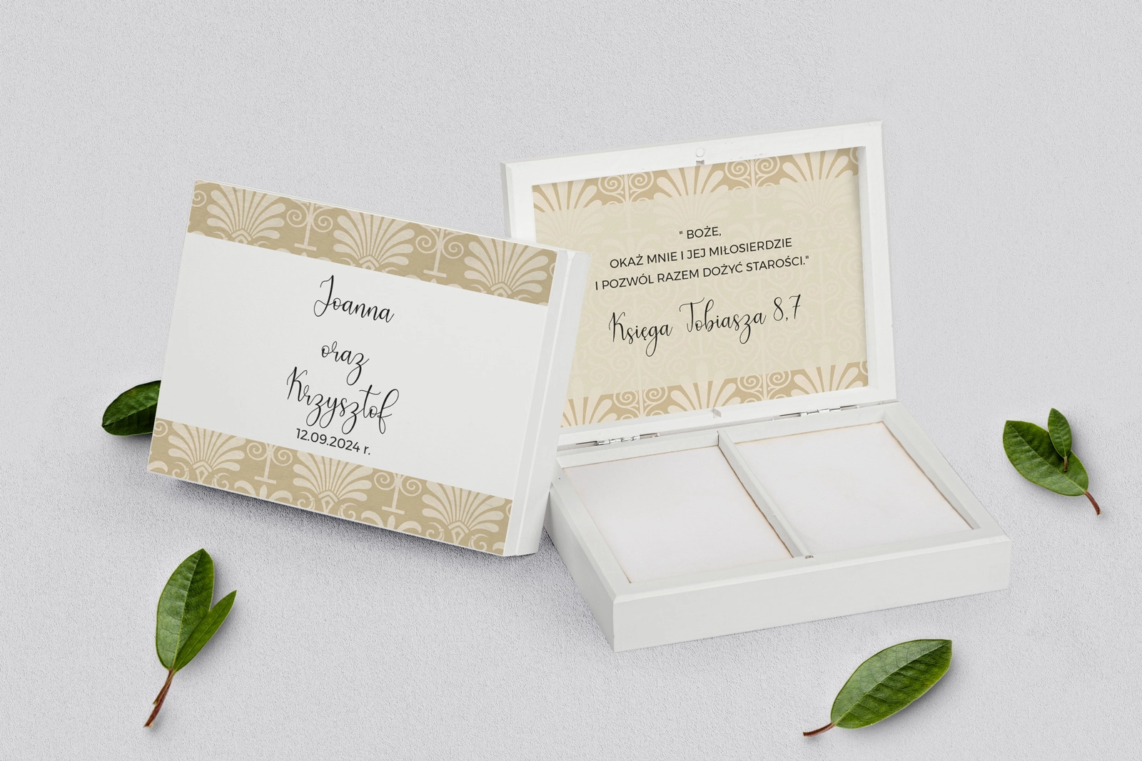 Pudełko na obrączki prostokątne białe - Vintage Motyw 1