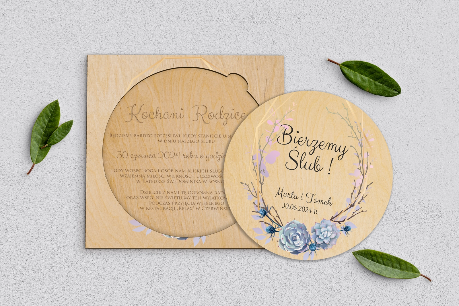 Drewniane Zaproszenie dla Rodziców Koło - Flowers & Frame Motyw 6