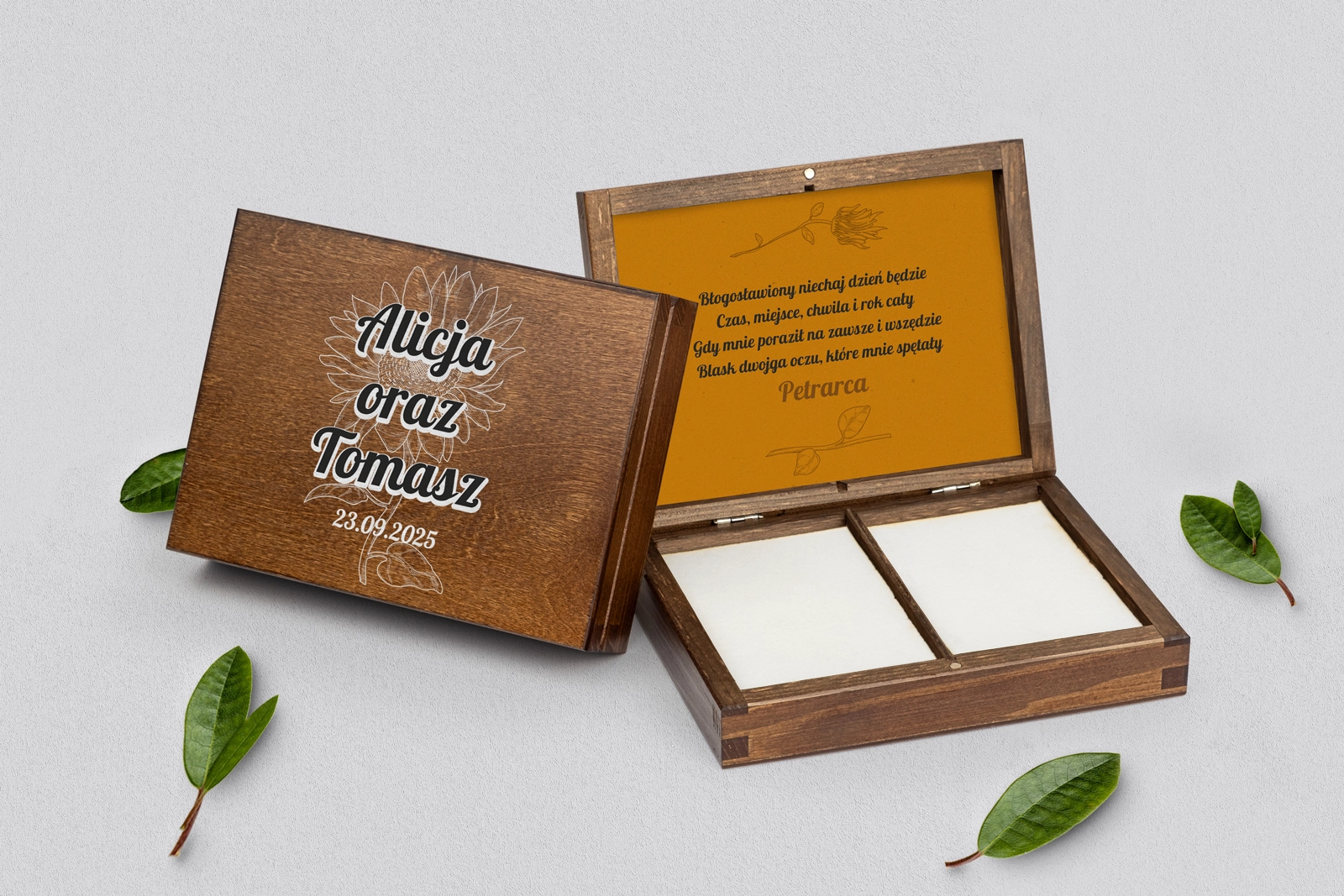 Pudełko na obrączki prostokątne brązowe - Sunflowers Motyw 3