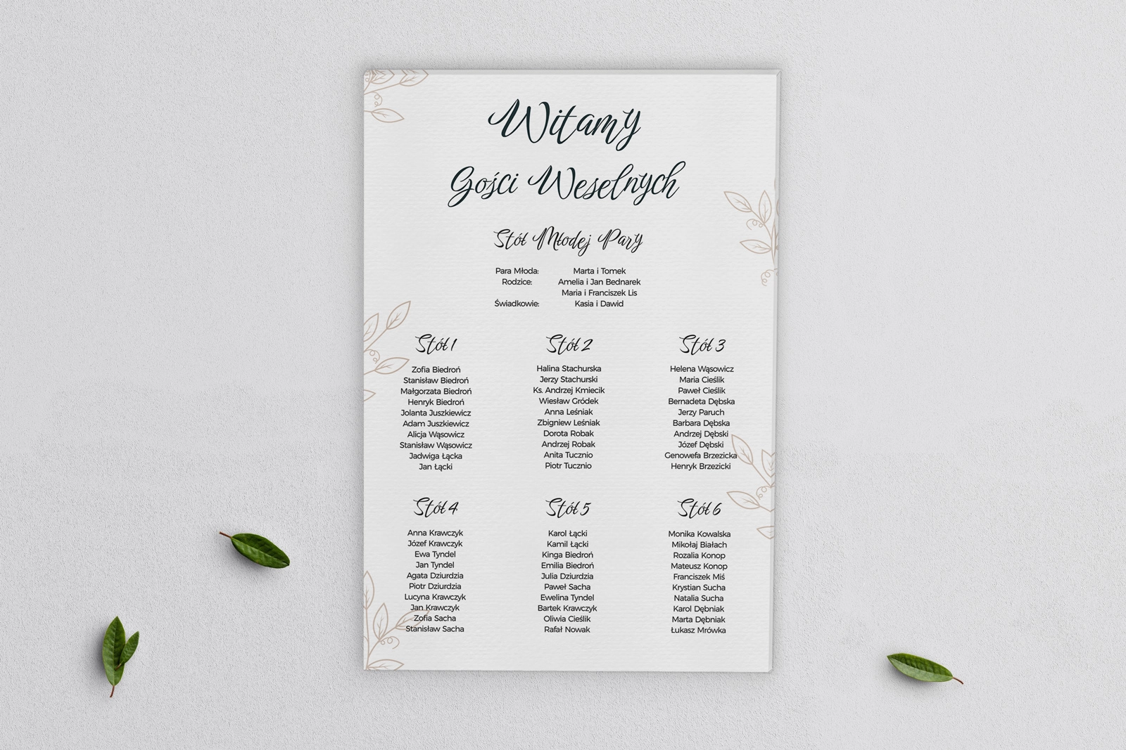 Plan stołów weselnych na płótnie Białe Liście - Motyw 1