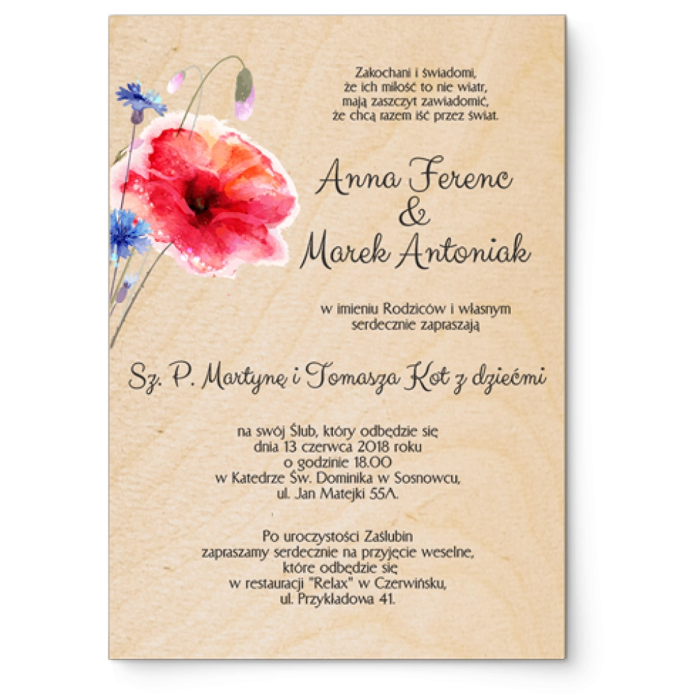 Zaproszenia ślubne Sweet Love- Drewniane Motyw 2