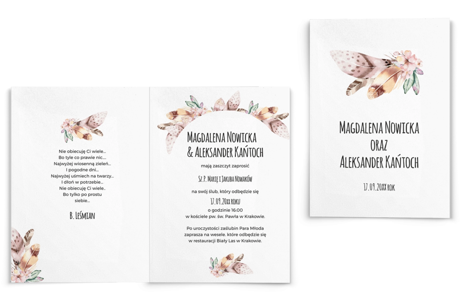 Zaproszenia ślubne Piórko - Składane motyw 2