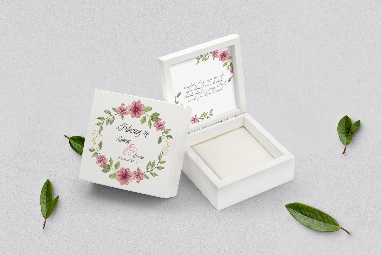 Pudełko na obrączki białe - Akwarelowe Wianki Motyw 6