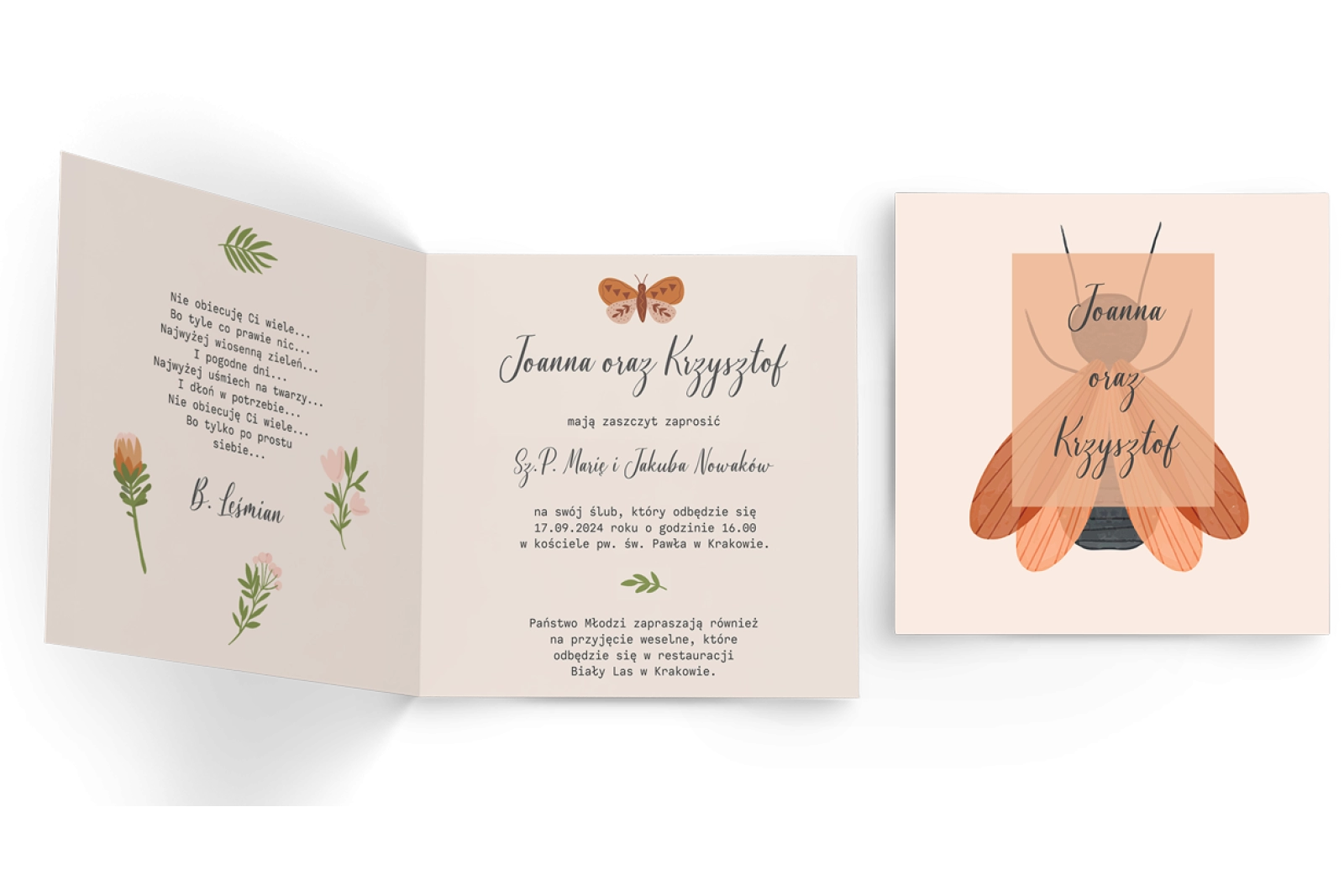 Zaproszenia ślubne Butterflies - Składane Kwadrat Motyw 2