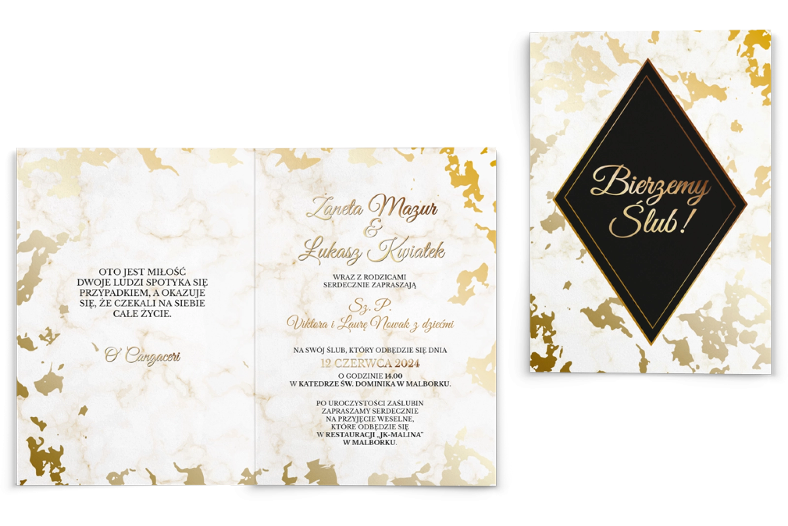 Zaproszenia ślubne Marmur & Złoto - Składane Motyw 5
