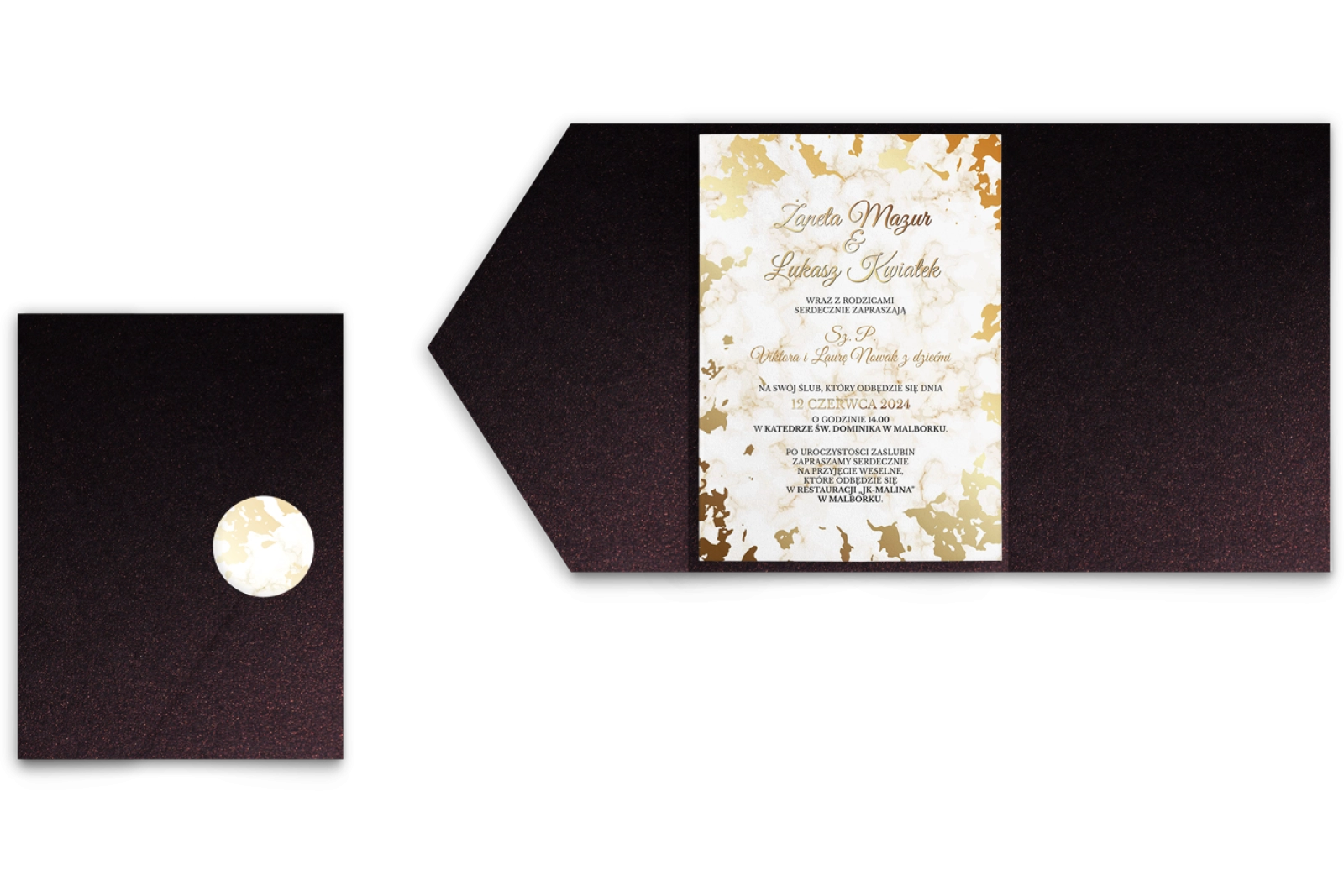 Zaproszenia ślubne w etui Marmur i złoto - motyw 5