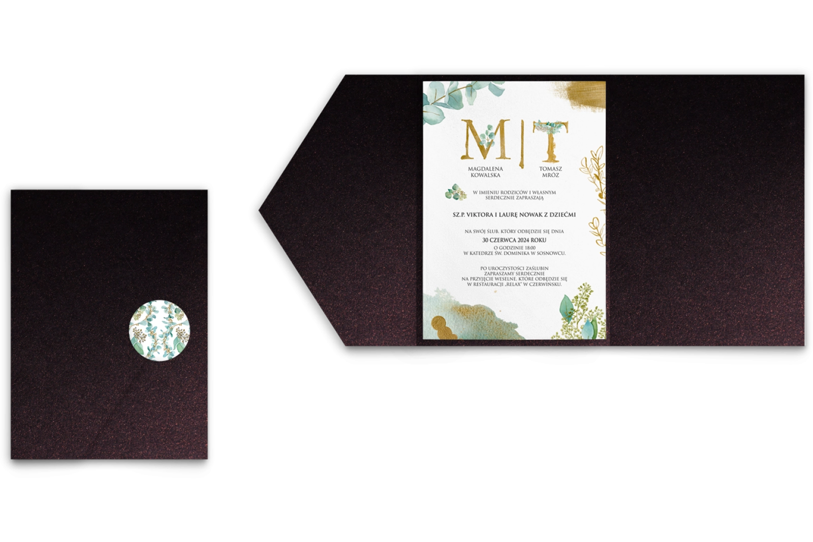 Zaproszenia ślubne w etui Golden Green - motyw 1
