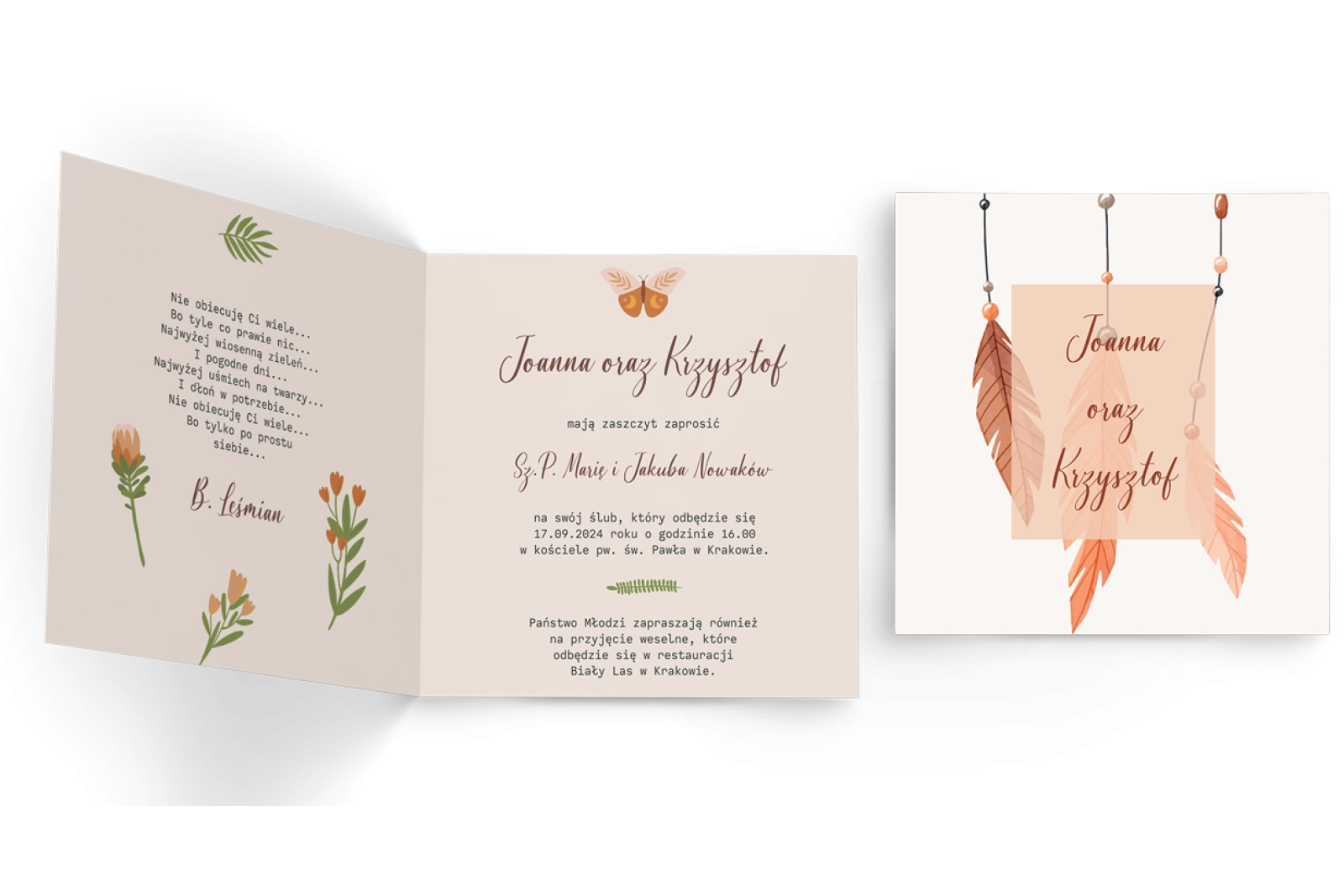 Zaproszenia ślubne Butterflies - Składane Kwadrat Motyw 1