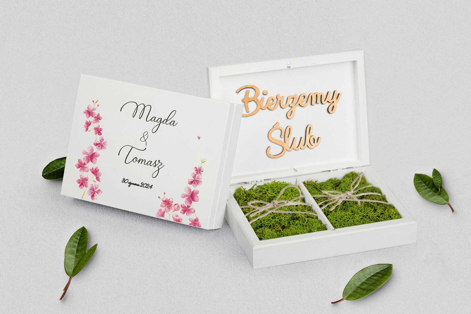 Pudełko na obrączki prostokątne białe - Biały Czas - Motyw 3