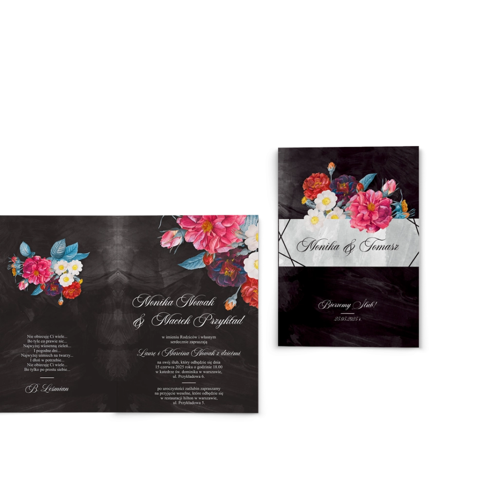 Zaproszenia ślubne Black Flowers - Składane Motyw 1